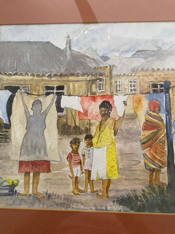 Original watercolour village life South Africa